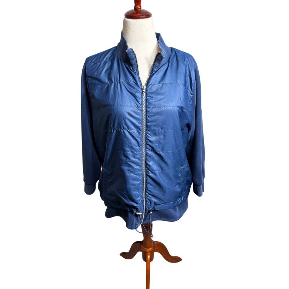 Chico's Zenergy jacket blue quilted knit cuffs & adjustable hemline  Sz 3 US XL